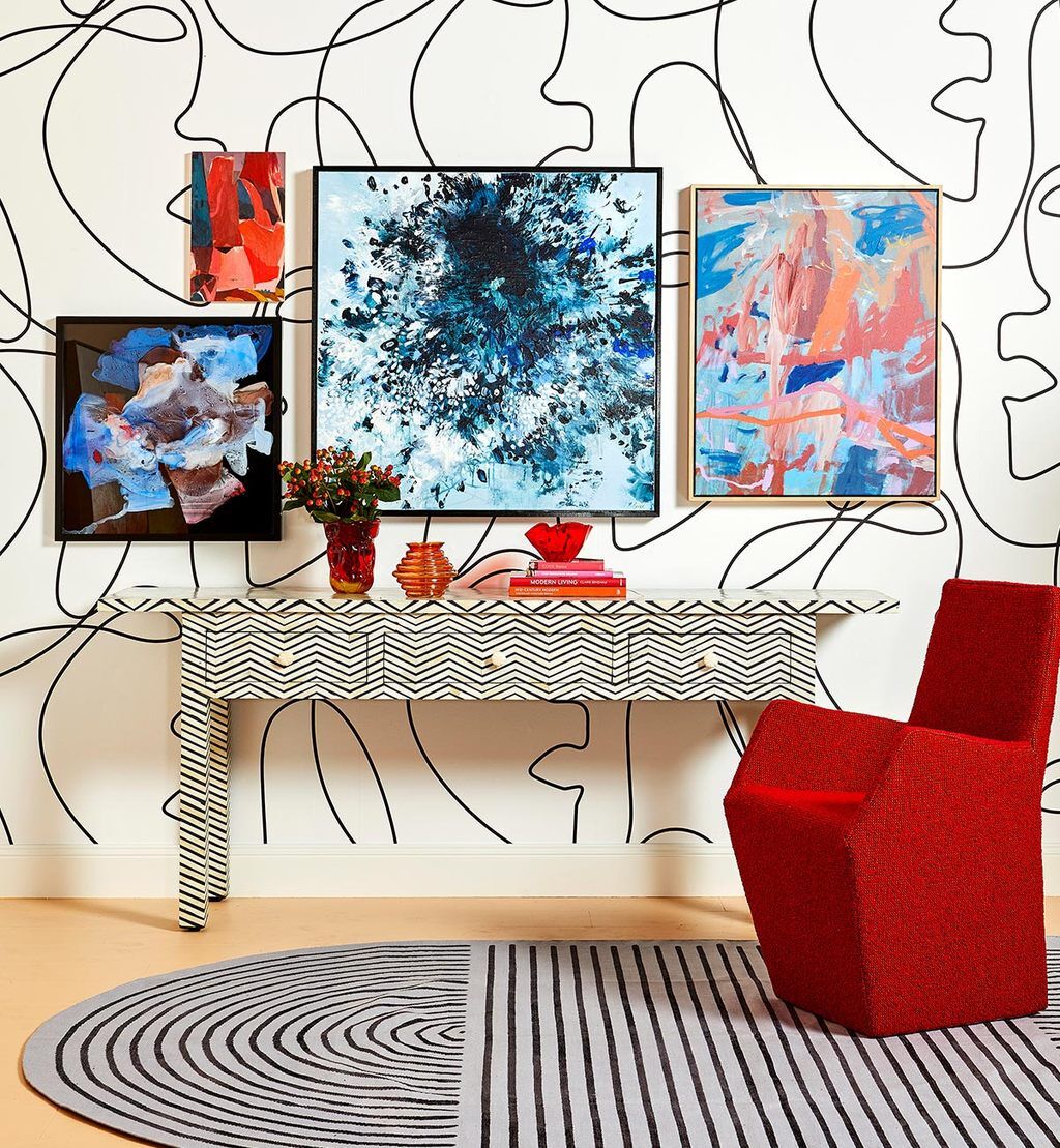 Bone Inlay Console with Zigzag pattern in a room with Red Chair