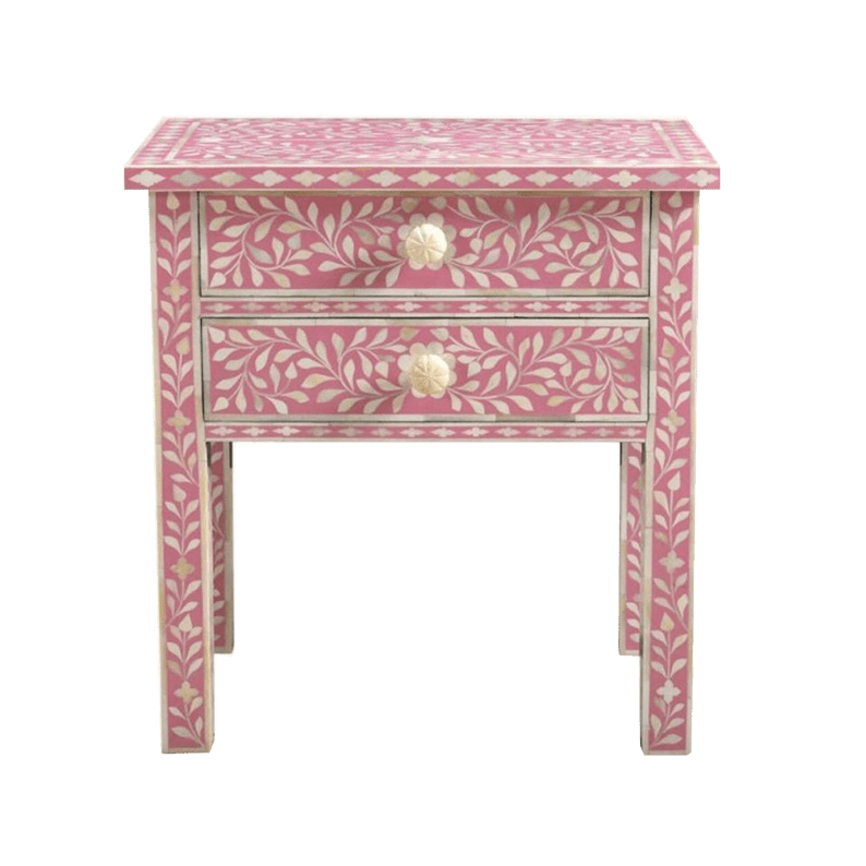 Pink Bone Inlay Floral Pattern Side Table