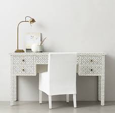Bone Inlay 5 Drawer Desk in Celtic Grey with white chair