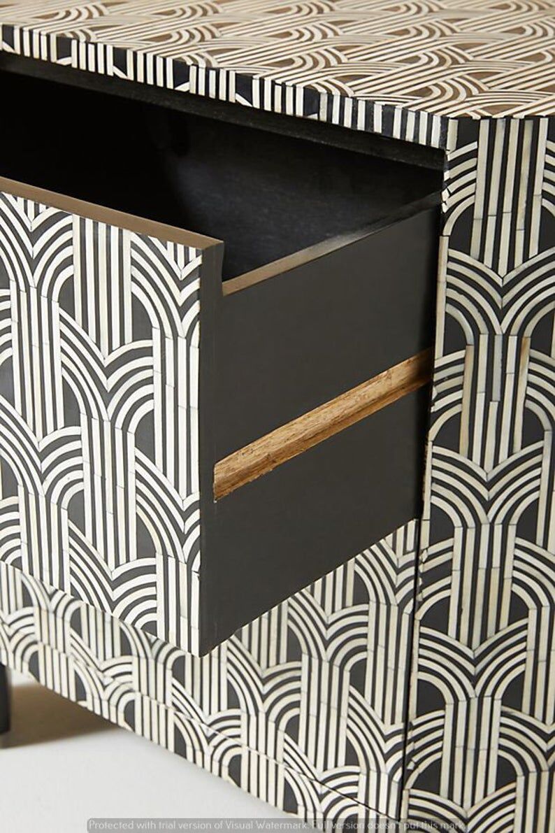 Handmade Bone Inlay Nightstand's open Drawer closeup