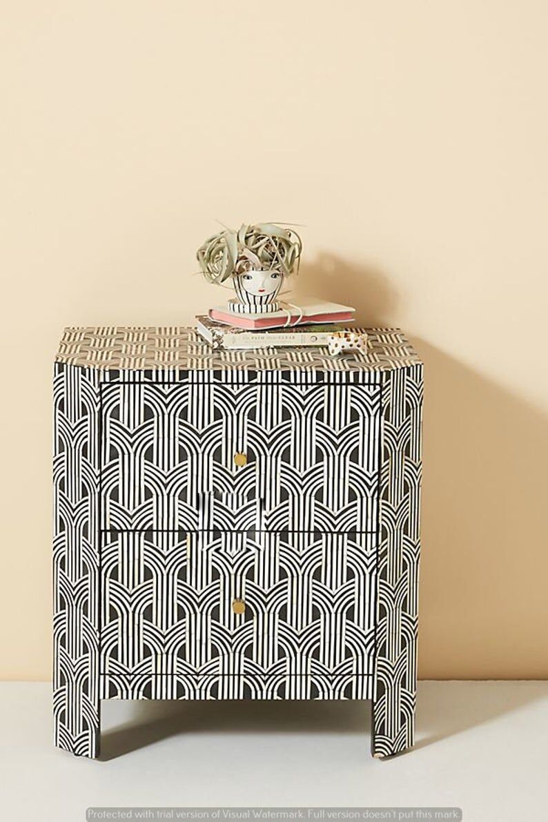 Handmade Bone Inlay Nightstand in a room