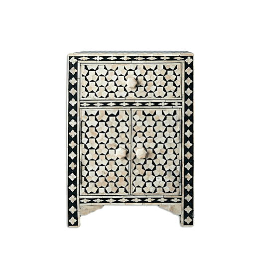 Black Bone Inlay Bedside Table with 1 Drawer 2 Door